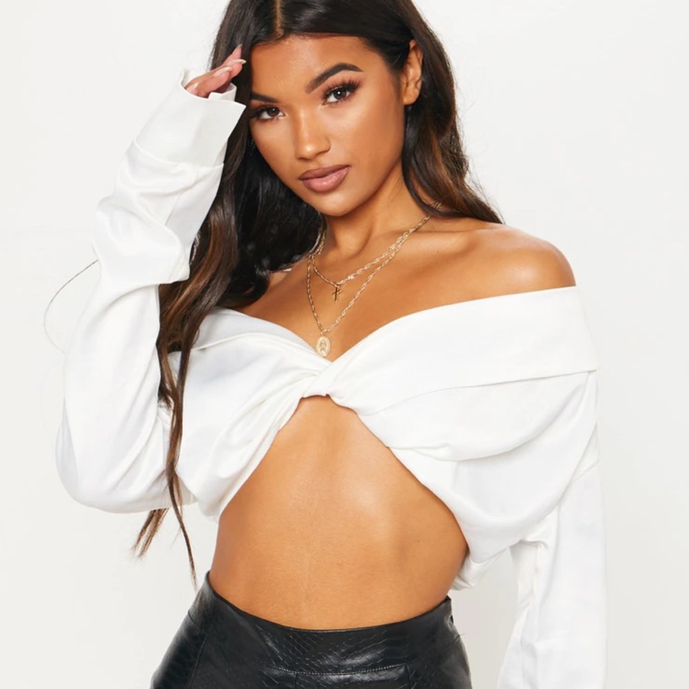 PLT White Satin Bardot Twist Front Crop Blouse